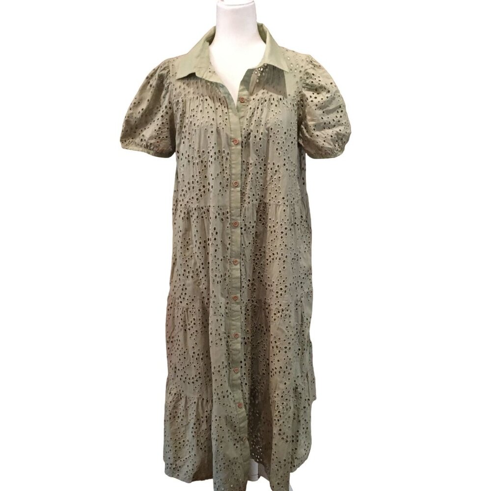 Happy Threads Eyelet Green Button-Down Dress Short Puff Sleeves Large